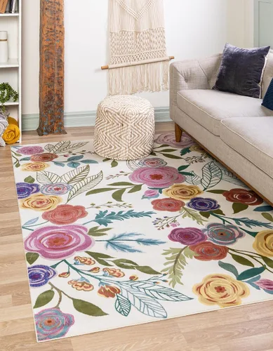 Vista 12 de Unique Loom Blossom Collection Ashley - Alfombra rectangular de 9 x 12 pies, color marfil y azul claro