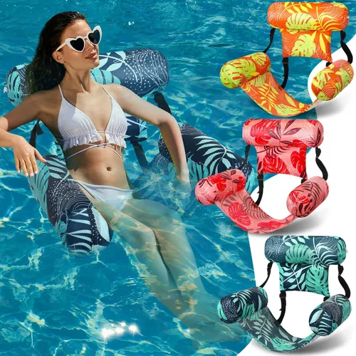 Vista 10 de Paquete de 3 flotadores inflables para piscina, sillas flotantes para adultos, hamaca ajustable, silla flotante de agua, natación, patrón de plantas