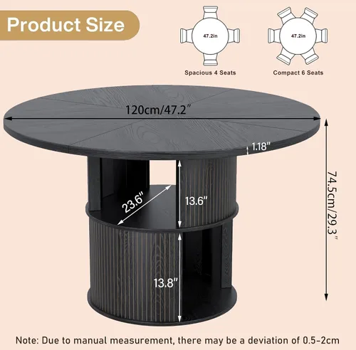 Vista 2 de Mesa de comedor redonda de 47 pulgadas para 4, mesa de comedor de cocina de granja con estante de almacenamiento de 2 capas y panel estriado