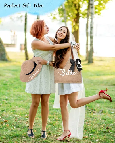 Vista 3 de Percozzi Wifey Bride Tote Bag Sun Hat Glasses Set Bride-To-Be Shower Gift Honeymoon Jute Bag Kit