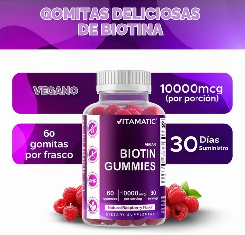 Vista 5 de Vitamatic Gomitas de biotina 10,000 mcg, 60 gomitas veganas, sabor a