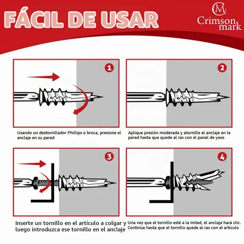 Vista 8 de CrimsonMark Juego de 20 anclajes y tornillos autoperforantes para paneles de yeso #8 x 1-1/4 pulgadas, soporta hasta 75 libras, no requiere agujeros