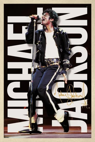 Vista 7 de Michael Jackson - Póster de pared con micrófono de rendimiento, 22.4 pulgadas de largo x 14.7 pulgadas de ancho, versión enmarcada de madera