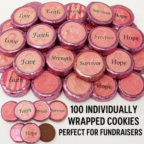 Vista 3 de 100 galletas cubiertas de chocolate para concientización sobre el cáncer de mama, envueltas individualmente con chocolate con leche y etiquetas