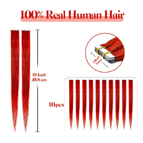 Vista 2 de Winsky Extensiones de cabello humano con cinta roja de 18 pulgadas, extensiones de cabello Remy con pegamento, 10 piezas de 0.88 onzas, cabello