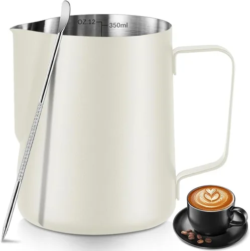 Vista 11 de Jarra de leche espumosa, jarra de leche espumosa de acero inoxidable de 12 onzas / 11.8 fl oz con bolígrafo Latte Art, con medidas internas