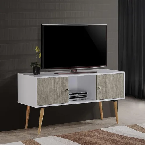 Vista 2 de Hodedah Soporte de TV de estilo retro con dos puertas de almacenamiento y patas de madera maciza, color blanco