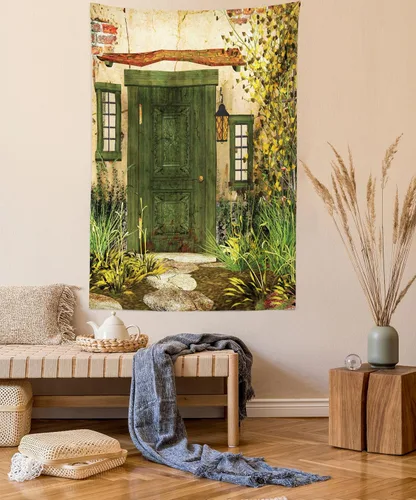 Vista 24 de Ambesonne Tapiz de paisaje, lago y pico glaciar nevado en Estados Unidos, ilustración de bosque de pinos altos, colgante de pared para dormitorio