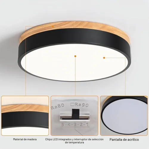 Vista 5 de Yiisem Lámpara de Techo LED de Madera Regulable Empotrada, 5CCT 2700K-6000K Moderna Negra de Montaje al Ras del Techo, Luminarias de Techo Redondas