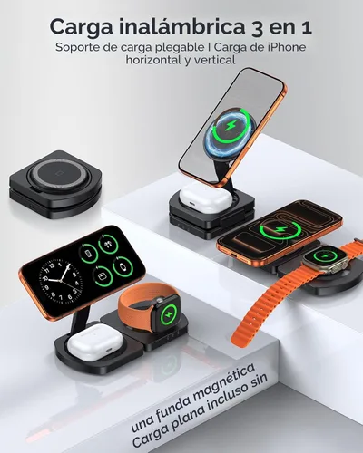 Vista 2 de Cargador inalámbrico para iPhone, estación de carga magnética 3 en 1