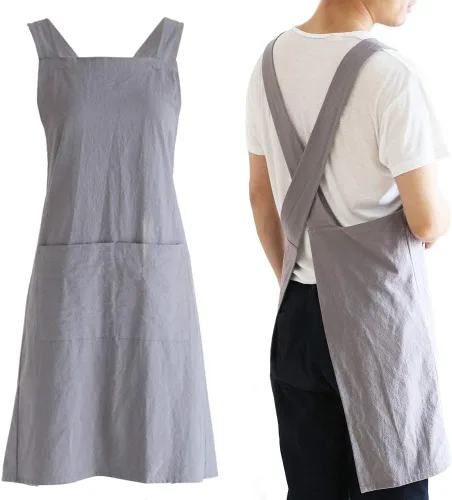 Vista 14 de NEWGEM - Delantales de cocina de lino japonés para mujeres y hombres, con tirantes cruzados y bolsillos, para repostería y cocina