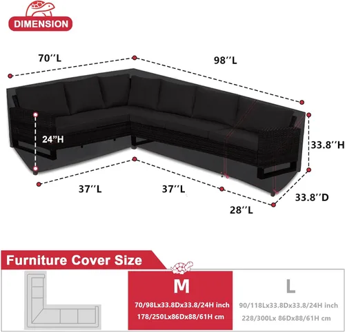 Vista 2 de Turtle Life Funda para sofá modular de patio, resistente a los rayos UV, resistente al agua, antidecoloración, en forma de L, color negro
