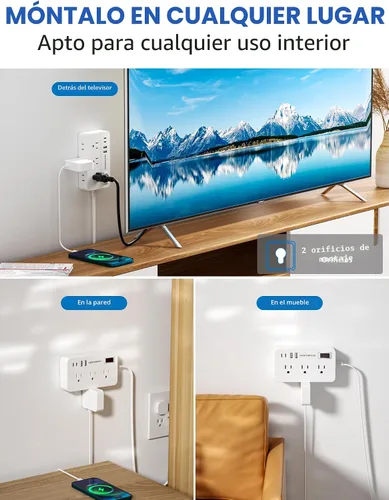 Vista 7 de Regleta protectora de sobretensiones, cable de extensión trenzado de 5 pies, enchufe plano con 6 tomas de corriente y 2 puertos USB-A, 2 puertos