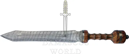 Vista 3 de Espada de Gladius Romana de 26" hecha a mano de acero de Damasco Histórico Imperio Romano Espada de gladiador Mango de palisandro con funda de cuero
