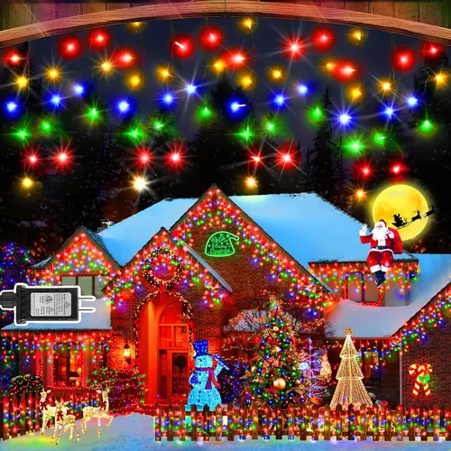 Vista 23 de Guirnalda de 400 luces LED con 75 gotas, de 33 pies, 8 modos de funcionamiento, de alambre transparente para decoración al aire libre, 400 modos