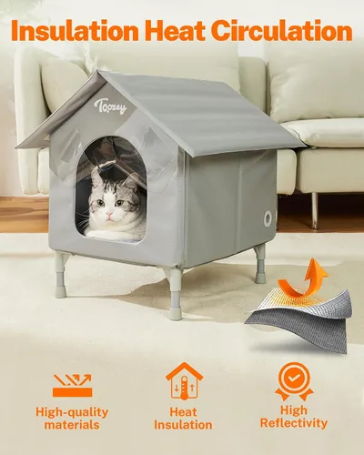 Vista 4 de Toozey Casa para Gatos de Exterior, Refugio Impermeable para Gatos Extra con Almohadilla Calefactora para Gatos Callejeros/de Granero, Casa Elevada