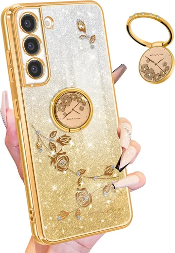 Vista 8 de Funda 3 en 1 para teléfono Samsung Galaxy A03S con purpurina brillante para mujeres y niñas, cubierta brillante con bonito diseño floral de flores