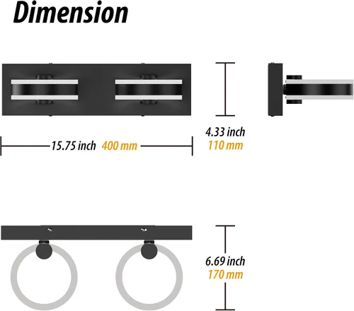 Vista 2 de Lámparas LED de baño, luces negras de tocador de 15 pulgadas, modernos apliques de pared acrílicos de 2 luces, accesorio de iluminación de pared