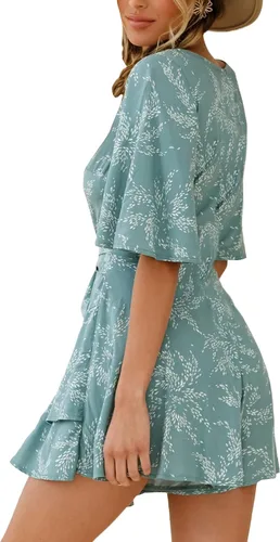 Vista 6 de Relipop Enterizo de verano para mujer, diseño floral, cuello en V, manga corta, cintura con nudo y dobladillo con volantes, overol corto casual
