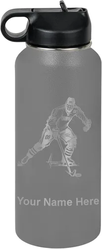 Vista 57 de LaserGram Botella de agua personalizada, jugador de hockey, acero inoxidable de doble pared aislada al vacío con popote superior, regalo grabado