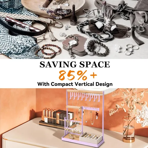 Vista 2 de Soporte organizador de joyas con soporte de terciopelo para anillos, organizador de joyas de 4 niveles con 15 ganchos, organizador de collares