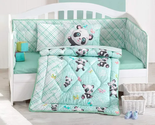 Vista 2 de Juego de ropa de cama para bebé, juego de cuna de 6 piezas, edredón 100% algodón, edredón, sábana, fundas de almohada (panda menta)