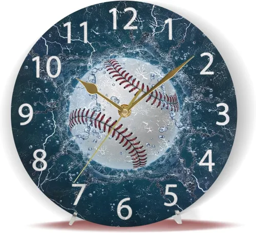 Vista 6 de senya Reloj de pared redondo de béisbol, silencioso, sin tictac, pintura al óleo, decorativo, para el hogar, oficina, escuela, arte