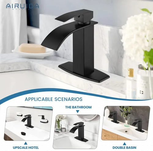 Vista 3 de Airuida Grifo de baño de cascada negro mate, grifo de lavabo de baño de un solo agujero, grifo de lavabo de lavabo de autocaravana, grifo mezclador