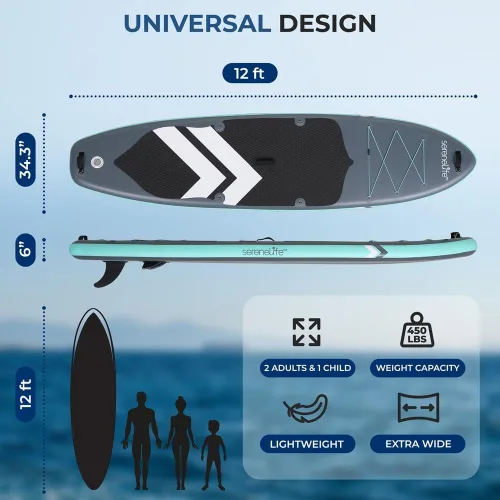 Vista 5 de SereneLife Tabla de remo inflable con accesorios de SUP premium, diseño amplio y estable, almohadilla antideslizante de EVA para jóvenes y adultos