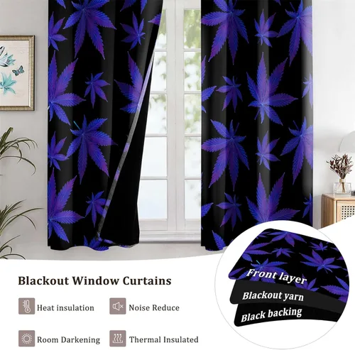 Vista 4 de Renaiss Cortinas de ventana de hoja de arce azul y morado, hojas de hierbas, impresión de follaje de malezas, tratamientos de ventana
