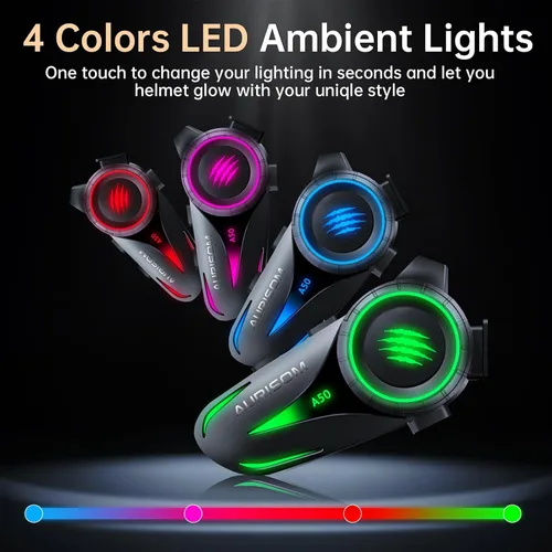 Vista 2 de Auriculares de Casco de Motocicleta Bluetooth con Cancelación de Ruido, Altavoces Inalámbricos para Casco con Luz LED de 4 Colores, Batería