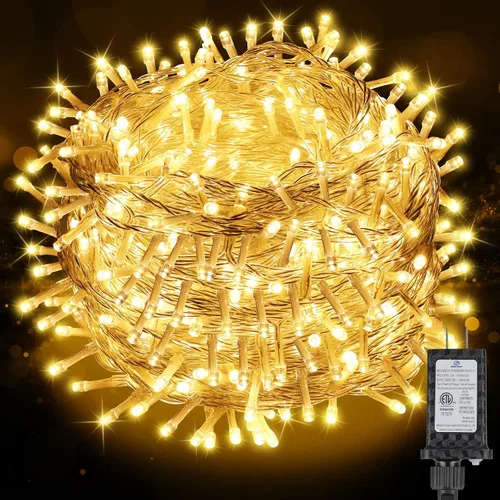 Vista 10 de Luces de Navidad de 100 pies con 300 LED enchufables, luces de hadas impermeables para exteriores e interiores con temporizador y 8 modos, luces