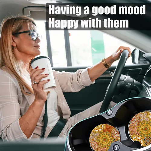 Vista 5 de Posavasos para Portavasos de Coche con Mandala Bohemio, Paquete de 2 Posavasos para Coche, Accesorios Interiores Estéticos para Hombres y Mujeres