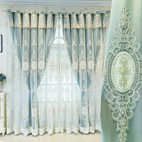 Vista 8 de Amidoudou 1 par de cortinas europeas de doble capa con cenefas para sala de estar, dormitorio, cortinas bordadas con flores 3D de lujo