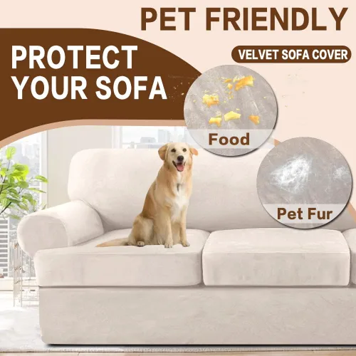 Vista 7 de NA Funda de terciopelo para sofá con cojín en T, 4 piezas, fundas de sofá suaves para sofá, fundas protectoras de muebles con 3 asientos Marfil