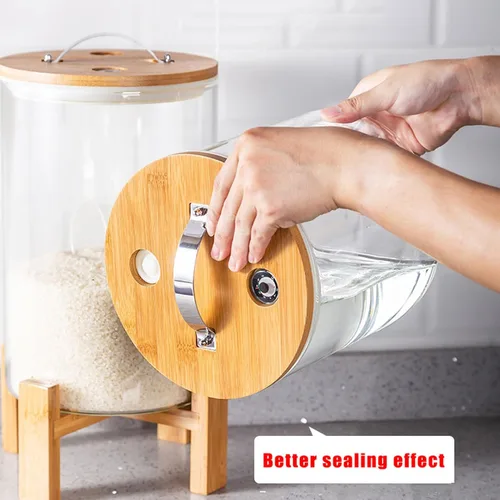 Vista 6 de Dispensador de arroz de vidrio de 5 L, dispensador de cereales, dispensador de granos/recipiente de almacenamiento de alimentos para organización