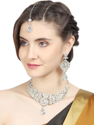 Vista 2 de Touchstone Conjunto de collar de joyería nupcial de diseño nupcial con diamantes de imitación blancos y zafiro sintético azul para mujeres en oro