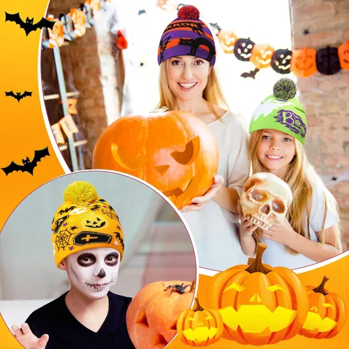 Vista 4 de 6 gorros de Halloween con patrón de fantasma, gorro de punto cálido y elástico de invierno para hombres y mujeres adultos, regalos de Halloween