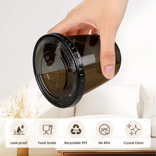 Vista 4 de tchrules Juego de 100 vasos de plástico negro de 12 onzas con tapas y pajitas, taza de café helado desechable con tapa, parte inferior redonda
