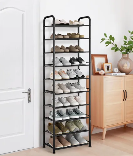 Vista 7 de STORAGE MANIAC Zapatero alto de 10 niveles, 20 pares de estantes estrechos y delgados, soporte de zapatos con marco de metal para espacios pequeños