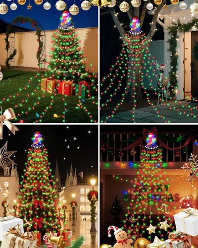 Vista 7 de Guirnalda de luces de cascada de Navidad para exteriores, luces de árbol de Navidad con 335 luces LED de 11.48 pies, 9 hebras, 8 modos
