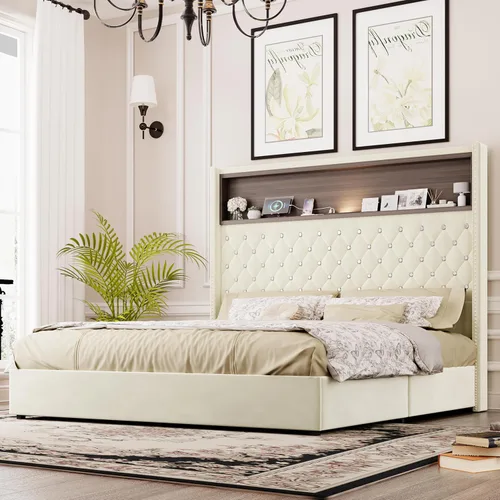 Vista 17 de VilroCaz Cama de plataforma suave de terciopelo de tamaño matrimonial de 52 pulgadas de alto y decoración de remaches, cama con plataforma