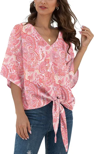 Vista 38 de VIISHOW Womens Tie Front Chiffon Blouses V Neck Batwing Short Sleeve Summer Tops Shirts Albaricoque