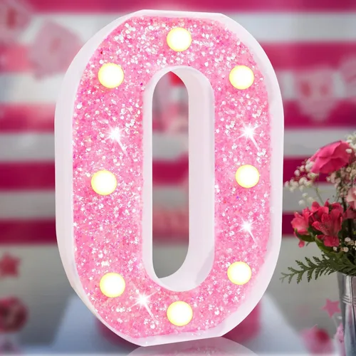 Vista 29 de Letras rosas iluminadas con purpurina, letras del alfabeto rosas, letreros de luces LED en marquesina rosas con batería para iluminación nocturna