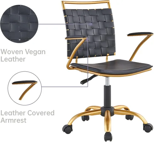 Vista 6 de Silla de oficina moderna de cuero, color dorado y negro, bonita silla de conferencias con respaldo medio con ruedas y brazos, cómoda silla giratoria