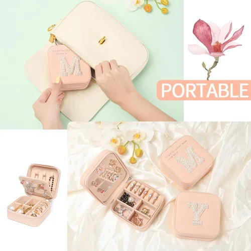 Vista 6 de 6 cajas de joyería de viaje personalizadas con 26 letras (A-Z) DIY tus letras personalizadas regalos femeninos mini cajas de joyería, aretes