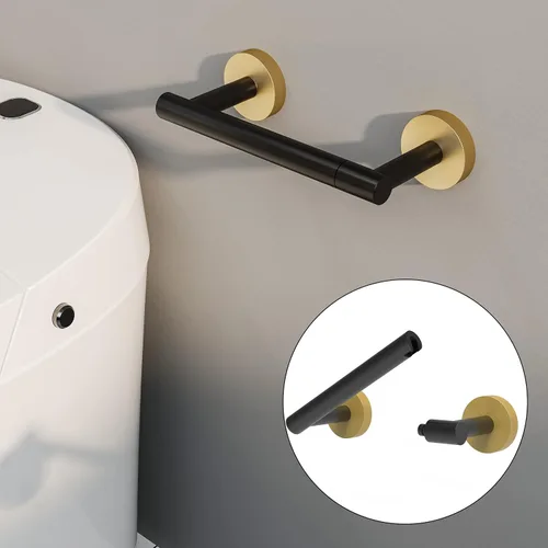 Vista 2 de RARXTR Soporte de papel higiénico negro y dorado SUS304 de acero inoxidable con doble poste pivotante, soporte de papel higiénico montado