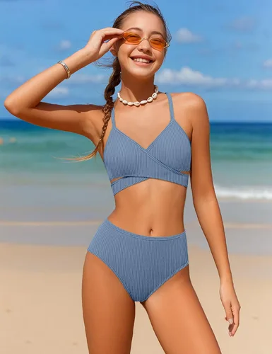 Vista 2 de Conjunto de bikini para niñas, traje de baño de dos piezas, traje de baño cruzado para niñas