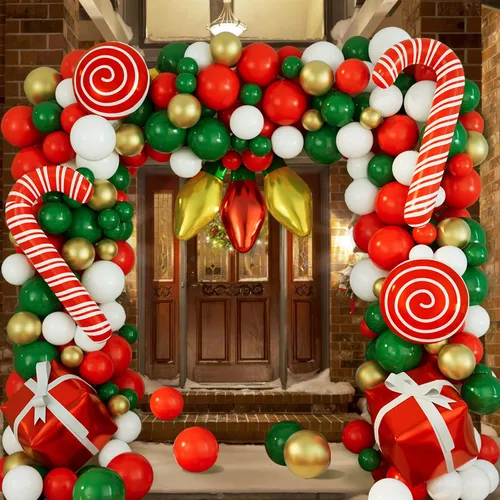 Vista 5 de DBKL Kit de guirnalda de globos de 152 piezas para Navidad, rojo, blanco, verde, dorado, globos en forma de bastón de caramelo, caja de regalo