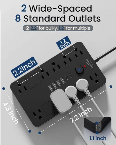 Vista 4 de JouleLoom Paquete de 2 tiras de alimentación con protector de sobretensiones, 10 salidas (1850 W/15 A/14 AWG) con 6 puertos USB (2 USB C), cable